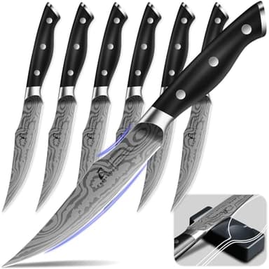 CoquusAid Steak Knives Set of 6, 4.8 Inch Non Serrated Razor-Sharp Durable Dinner knives with Rest, German Stainless Steel Damascus Pattern Full Tang Forged, Rust Resistant & Easy to Maintain - Image 1