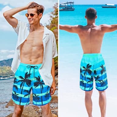 OlyPegic Men's Swim Trunks Board Shorts Mens Bathing Suit Beach Shorts Quick Dry Swimwear Swimsuit with Compression Liner Men 2 in 1 Swim Trunks Men 7 Inch with Zipper Pock (Coconut Tree) - Image 3