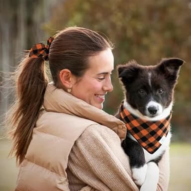E-Clover Fall Dog Bandana & Matching Scrunchie-Orange Black Dog Bandanas Plaid Pet Scarf Bib for Small Dogs Puppy Girl Boy Owner Gift Orange - Image 3