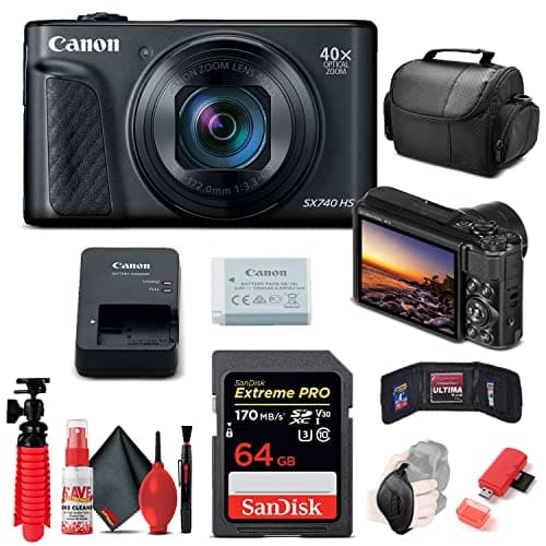 Canon PowerShot SX740 HS Digital Camera (Black) | 40x Zoom, 4K UHD Video, Wi-Fi & Bluetooth + 64GB Card + Card Reader + Soft Bag + Flex Tripod + Hand Strap + Memory Wallet + Cleaning Kit (Renewed)