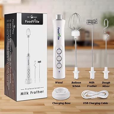 FoodVille MF09 3 in 1 Rechargeable Milk Frother Handheld Foam Maker with Charging Stand & 3 Stainless Steel Whisks (White without Case) - Image 5