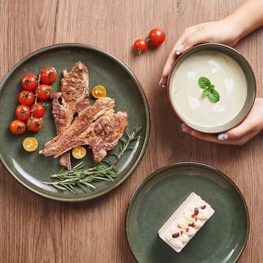 Pokini Stoneware Dinnerware Sets Service for 4, 12 pcs Reactive Glaze Plates and Bowls Sets, Handmade Ceramic Dish Set, Highly Chip and Crack Resistant Modern Plate Set, Brown Green - Image 4