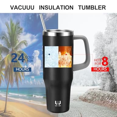 40 oz Insulated Tumbler with Handle, Stainless Steel Straw and silicone sleeves, Leakproof Travel Mug for Water, Iced Tea or Coffee, Insulated Cup Gifts for Women & Men, Black - Image 2