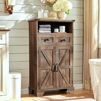 ACCOHOHO Bathroom Floor Cabinet, Farmhouse 24" Wide Cabinet with Drawer, Adjustable Shelf, Barn Doors, Cabinets for Bathroom, Kitchen, Living Room, Rustic Brown - Image 1