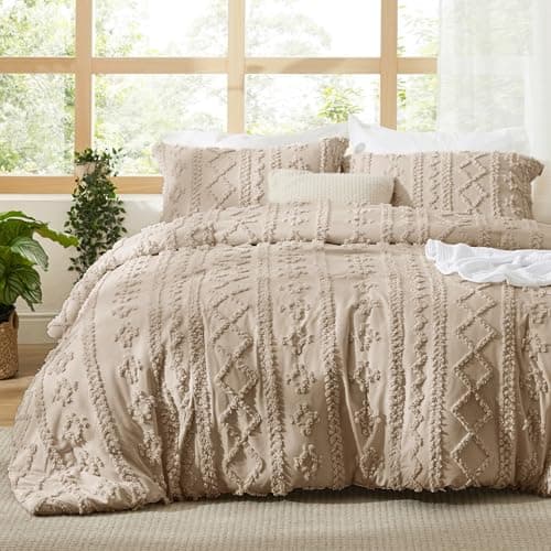 Bedsure Tufted Boho Comforter Set California King Size - Khaki Boho Bed Set, GentleSoft™ 3 Pieces Farmhouse Shabby Chic Embroidery Bedding, Gifts for Woman, Soft Jacquard Comforter for All Seasons - Image 1