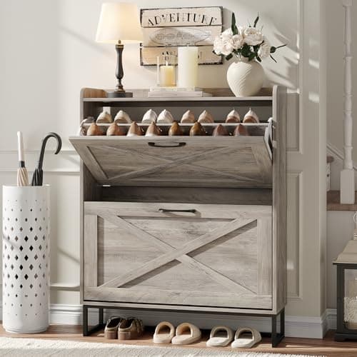 Maupvit Shoe Cabinet with 2 Flip Drawers, Freestanding Shoe Cabinet Organizer with Metal Legs, Shoes Storage Cabinet for Entryway, Narrow Shoe Rack Cabinet, Washed Gray - Image 1