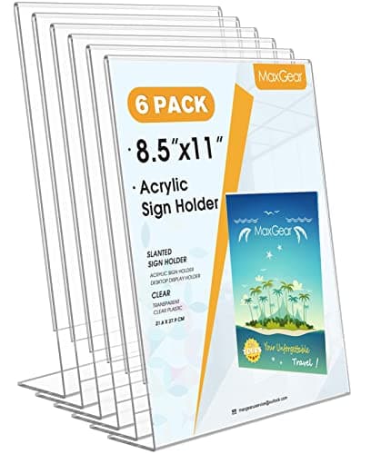 MaxGear 6 Pack Acrylic Sign Holder 8.5 X 11, Plastic Paper Holder With Vertical Slanted Back, Picture Photo Frames Display Stand Flyer and Document Organizer for Office Desktop Use - Image 1