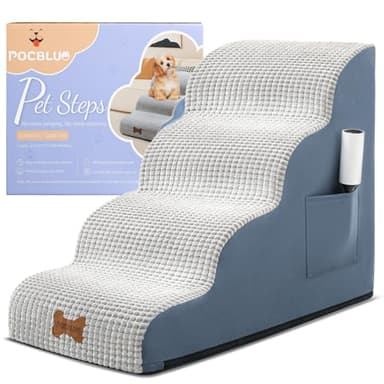 Dog Stairs for Small Dogs, Wide Pet Step with Removable Cover, No Assembly High Density Foam Cat Ramp for Bed or Sofa, 4-Step, Grey - Image 1