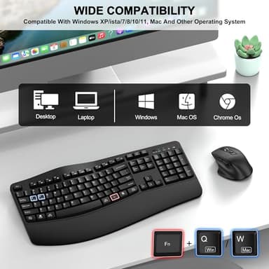Wireless Keyboard and Mouse Combo, 2.4G Full Size Wave Keys Ergonomic Keyboard with Wrist Rest and 3-Level DPI Adjustable Wireless Ergonomic Mouse for Windows, Mac OS Desktop/Laptop/PC(Black) - Image 7