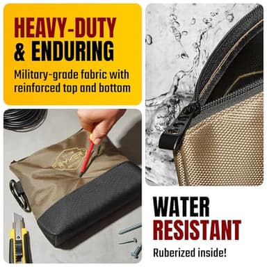 The Ryker Bag Canvas Zipper Tool Pouch (2-Set): Small Utility Tool Pouch Bag w/Hard Bottom. Small Waterproof Tool Bag Organizer w/carabiners, Khaki + Gray - Image 3