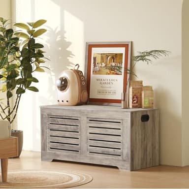 DINZI LVJ Storage Chest, 39.4”Wooden Toy Box with 2 Safety Hinges, Retro Entryway Shoe Storage Bench with Flip-Top, Sturdy Large Storage Trunk for Living Room, Bedroom, Easy Assembly, Greige - Image 4