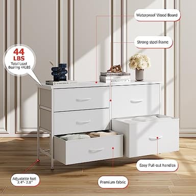 Nicehill White Dresser for Bedroom with 5 Drawers, Small Dresser for Kids' Bedroom, Closet, Wide Chest of Drawers with Fabric Storage Drawers, Wooden Top, Steel Frame, Modern, White - Image 8