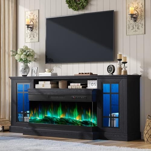 AMERLIFE 75in 3-Sided Glass Fireplace TV Stand with LED Lights for TVs up to 85", Rustic Fireplace Media Entertainment Center Console Cabinet Table with Glass Door Closed Storage, Black - Image 1