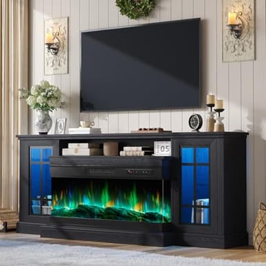 AMERLIFE 75in 3-Sided Glass Fireplace TV Stand with LED Lights for TVs up to 85", Rustic Fireplace Media Entertainment Center Console Cabinet Table with Glass Door Closed Storage, Black - Image 1