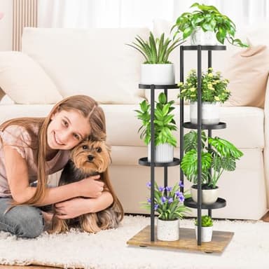 iDavosic.ly 5 Tier Plant Stand Indoor Outdoor, Tiered Corner Multiple Flower Pot Holder Shelf, Metal 37 Inch Tall Display Rack for Patio Porch Living Room Garden Balcony, Modern Black & Rustic Brown - Image 2