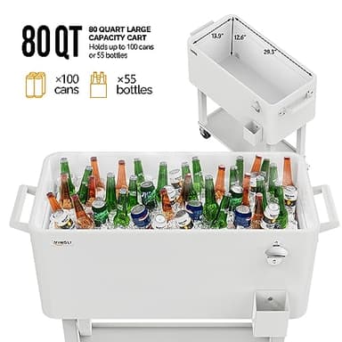 VINGLI 80 Quart Rolling Ice Chest, Portable Patio Party Bar Drink Cooler Cart, with Shelf, Beverage Pool with Bottle Opener (White) - Image 6
