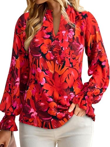 MASCOMODA Womens V Neck Floral Long Sleeve Tops 2025 Summer Casual Loose Puff Sleeve Chiffon Boho Work Blouse Dressy T Shirts(Red Flower,Large) - Image 3