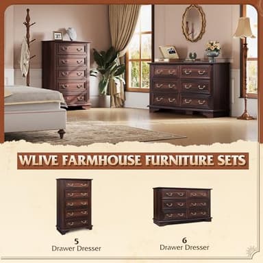 WLIVE Wood Dresser for Bedroom with 6 Drawer, 51.97'' Wide, Farmhouse Long Storage Dresser Organizer with Roman Metal Handle, TV Stand for 60 inch TV, Chest of Drawers for Living Room, Hallway, Brown - Image 9