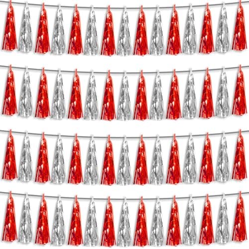 4P Red Silver Foil Fringe Metallic Tassel Streamers Banner Tassel Garland for Parade Floats, Graduation, Wedding, Birthday, Halloween, Christmas, Bridal/Baby Shower Party Decorations - Image 1