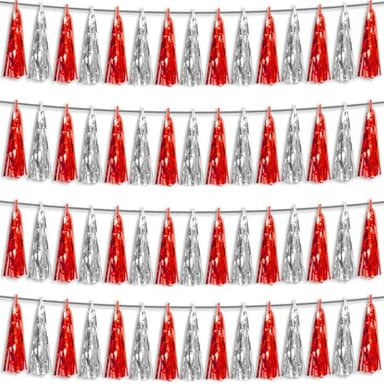4P Red Silver Foil Fringe Metallic Tassel Streamers Banner Tassel Garland for Parade Floats, Graduation, Wedding, Birthday, Halloween, Christmas, Bridal/Baby Shower Party Decorations - Image 1