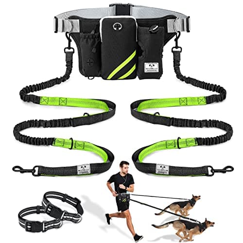 SHINE HAI Retractable Hands Free Dog Leash with Dual Bungees for 2 Dogs, Adjustable Waist Belt, Reflective Stitching Leash for Running Walking Hiking Jogging Biking Black - Green - Image 1