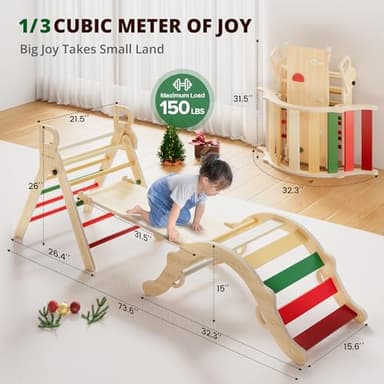 BlueWood Pikler Triangle Set, Toddler Wooden Climbing Toys Indoor 7in1 Foldable Climber for Kids, Montessori Philosophy Play Jungle Gym with Arch, Ramp, Ladder (Warm Winter Christmas) - Image 2