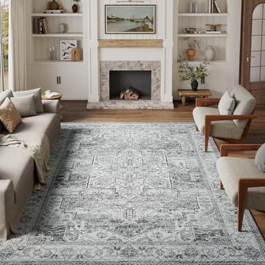 HUGEAR 5x7 Area Rug - Vintage Machine Washable Grey Chenille Print Rug - Lightweight Low Pile Carpet Throw for Living Room, Bedroom, Office, Dining Room, Kitchen, Laundry - Non Slip - Image 1