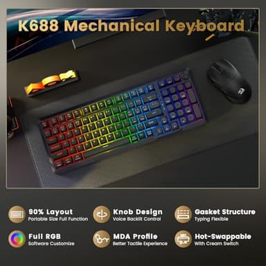 Redragon Wireless Mechanical Keyboard, 3 Mode Gasket Mounted RGB Gaming Keyboard with Volume Knob, Pre-Lubed Linear Switches, MDA-Profile, 98 Keys Hot Swappable Creamy Keyboard for PC/Tablet/Xbox/PS4 - Image 2