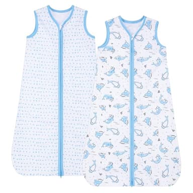 DaysU Cotton Baby Sleep Sack, Sleeveless Baby Sleeping Bag with Two-Way Zipper, Printed Baby Wearable Blanket for Newborn Baby Boys 0-6 Months, 2-Pack, Shark, 0.5 TOG - Image 1