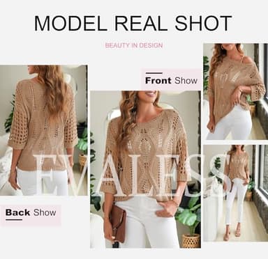 EVALESS Womens Fashion Spring Tops Resort Wear for Women 2025 Short Sleeve Summer Sweaters Lightweight Crochet Hollow Out Beach Vacation Outfits Off The Shoulder Womens Clothes Khaki Shirts, Medium - Image 5