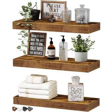 QEEIG Floating Shelves for Wall Bathroom Shelf Bedroom Kitchen Living Room Hanging Book Shelves Small Farmhouse Decor 16 inch Set of 3, Rustic Brown (015-BN3) - Image 1
