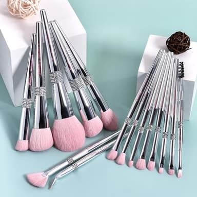 Bueart Design Elegant pink Ultra soft labeled Makeup Brushes Sets with Brush Holder makeup brush set with Foundation Powder blush blending contour Brush (15Pcs Silver Pink+Holder) - Image 3
