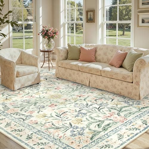 Lahome Boho Washable Girls Bedroom Rugs 9x12, Beige Cream Floral Large Area Rugs for Bedroom, Soft Non-Slip Thin Carpet for Nursery Kids Playroom Dining Room Home, Beige - Image 1