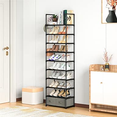 OYREL Tall Shoe Rack Narrow 10 Tier Shoes Rack 20 25 Pairs, Shoe Storage Organizer for Closet, Sturdy Metal Shoe Shelf Shoe Stand with 2 Boxes 1 Hook - Image 6