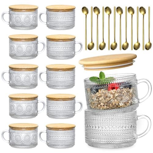 LANDNEOO 12pcs Set Irish Coffee Glasses, Vintage Coffee Mugs, Overnight Oats Containers with Bamboo Lids and Spoons - 14oz Clear Embossed Glass Cups, Cute Coffee Bar Accessories, Iced Coffee Glasses - Image 1