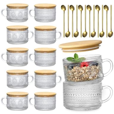 LANDNEOO 12pcs Set Irish Coffee Glasses, Vintage Coffee Mugs, Overnight Oats Containers with Bamboo Lids and Spoons - 14oz Clear Embossed Glass Cups, Cute Coffee Bar Accessories, Iced Coffee Glasses - Image 1