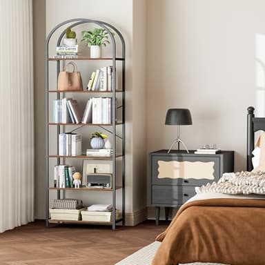 Homhedy 6-Tier Bookshelf Arched Display Racks, Wood and Metal Bookcase, Tall Bookshelf, Industrial Display Standing Shelf Unit, for Home Office, Living Room, Bedroom, Bathroom, Rustic Brown - Image 3