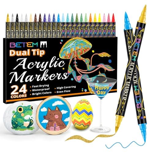 Betem Acrylic Paint Markers, Dual Tip 24 Colors Acrylic Paint Pens with Brush Tip and Fine Point, Art Supplies for Rock, Wood, Canvas, Stone, Glass, Ceramic, Rock Painting DIY Crafts Making Drawing - Image 1