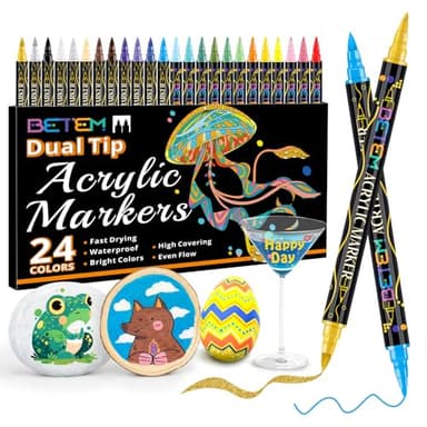 Betem Acrylic Paint Markers, Dual Tip 24 Colors Acrylic Paint Pens with Brush Tip and Fine Point, Art Supplies for Rock, Wood, Canvas, Stone, Glass, Ceramic, Rock Painting DIY Crafts Making Drawing - Image 1
