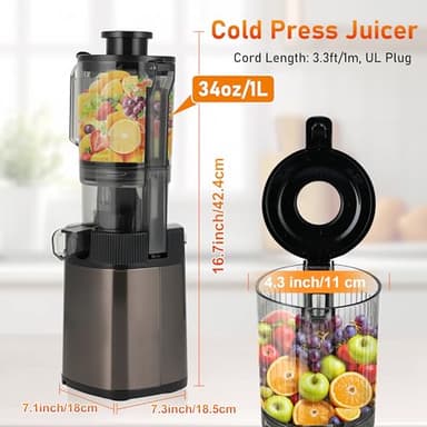 Cold Press Juicer - Juicer Machines with 4.3" Wide Feed Chute, 34oz Slow Masticating Juicer for Fruits and Vegetables, 99% High Juice Yield, Reverse Function, Dishwasher Safe - Image 2