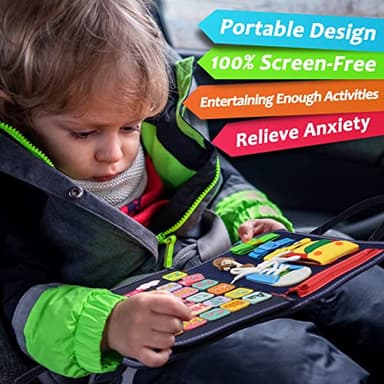 Qizfun Busy Board Montessori Toy for Toddlers, Educational Sensory Learning Toy for Fine Motor Skills, Preschool Travel Toy for Airplane & Car, Gifts for Boys and Girls (Blue/P4) - Image 5