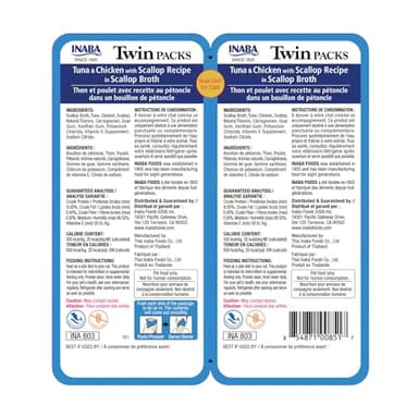 Inaba Twin Packs for Cats, Shredded Chicken & Broth Gelée Side Dish/Topper Pouch, 1.4 Ounces per Serving, 16 Servings, Tuna & Chicken with Scallop Recipe in Scallop Broth - Image 2