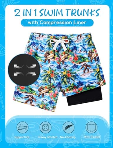 ZenGents Boys Swim Trunks with Compression Liner Toddler Bigfoot Bathing Suit Size 6 7 Kids Boy Hawaiian Board Swimming Short Suits Swimwear - Image 5