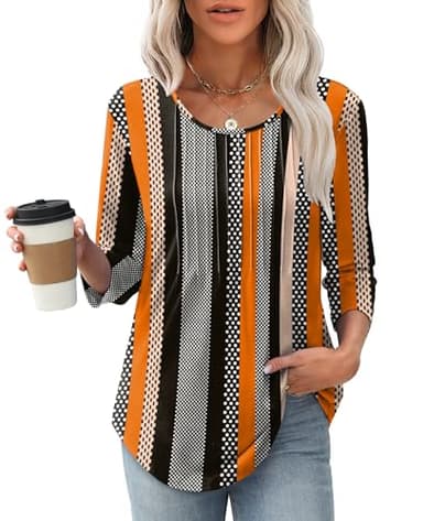 XIEERDUO 3/4 Length Sleeve Womens Tops Summer Pleated Business Casual Outfits Work Blouse Shirts for Women Clothing Fall Fashion Clothing Outfits Beach Vacation Essentials Clothes F-Striped Dots S - Image 2