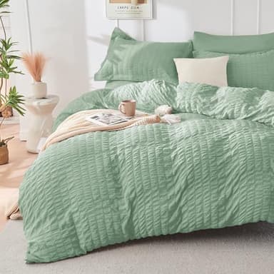 HYMOKEGE Sage Green Queen Comforter Set Seersucker 7 Pieces, All Season Luxury Bed in a Bag for Bedroom, Bedding Set with Comforters, Sheets, Pillowcases & Shams - Image 2
