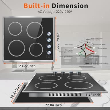 Pladeca 4 Burner Electric Cooktop, 24 Inch Electric Stove 6000W, 220V-240V Built-in Ceramic Stovetop with Knob Control, Child Lock, Timer Control, Residual Heat Indicator, Hard Wire(No Plug) - Image 9
