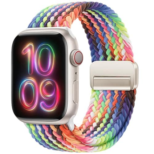 OMECKY Magnetic Braided Solo Loop Band Compatible with Apple Watch Series 10 42mm 9 8 7 6 5 4 40mm 41mm for Women Men, Stretchy Nylon Elastic Sport Strap for iWatch SE, New Pride - Image 1