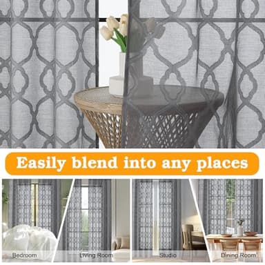 OWENIE Grey Sheer Curtains 63 Inch Length 2 Panels Set for Living Room Bedroom, Light Filtering Geometric Jacquard Clip Textured Short Semi Sheer Curtains, Modern Curtains Drapes, Each 42x63 inch - Image 5