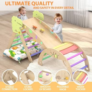 Pikler Triangle Set with Cushion 9 in 1 Climbing Toys for Toddlers 1-3 Indoor Baby Gym Toddler Montessori Toys Wooden Climbing with Maze, Shape Sorting, Dinosaur Car - Image 6