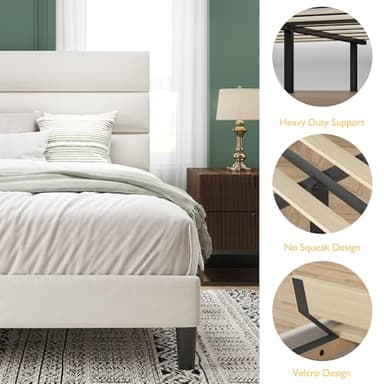 Acurax Queen Size Bed Frame with Velvet Upholstered Headboard, Beige Platform Bed Frame with Metal Support, Upholstered Mattress Foundation, No Box Spring Needed, Noise Free, Easy Assembly, White - Image 6